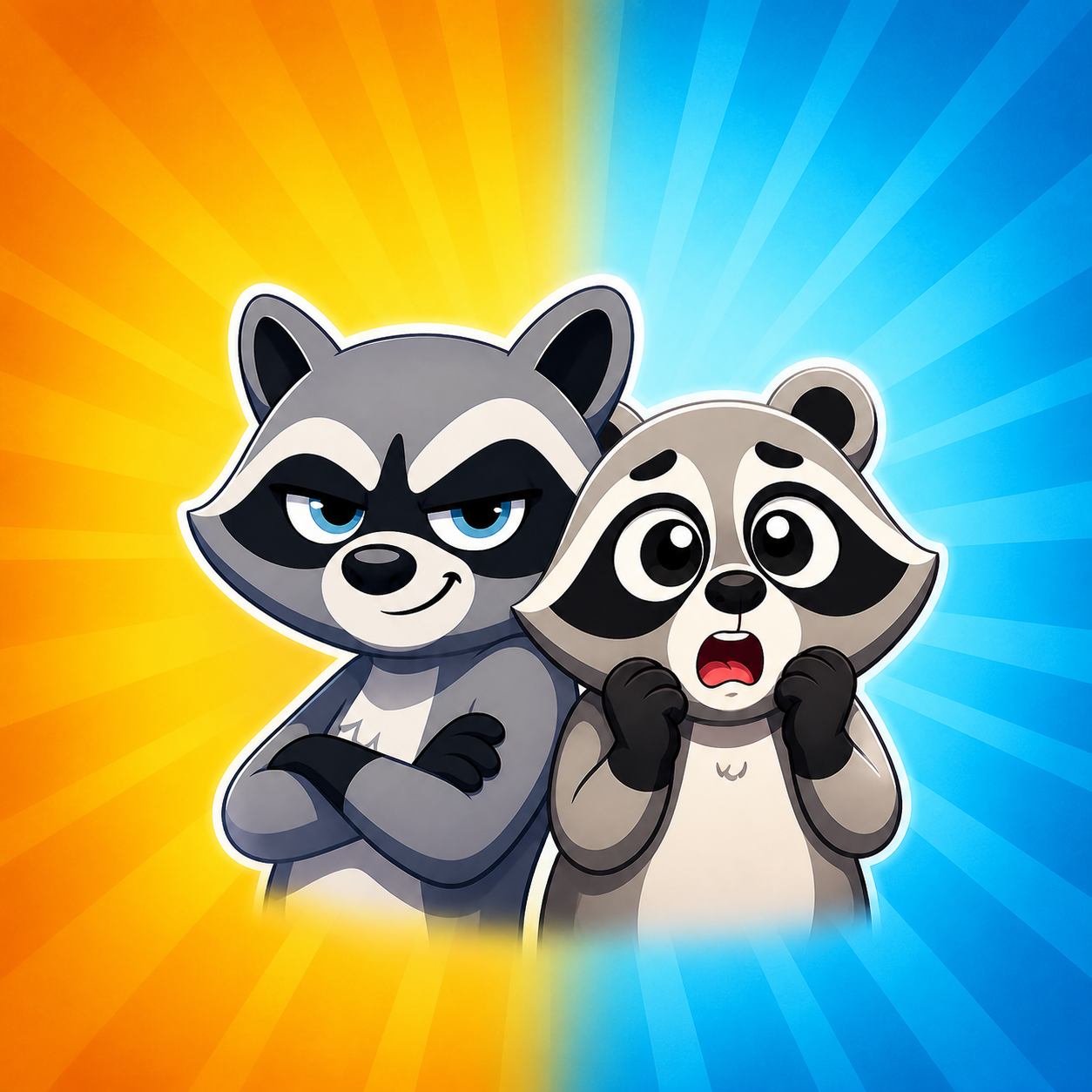Хаос, a confident raccoon, beside Тревожка, a worried raccoon, against an orange and blue background.